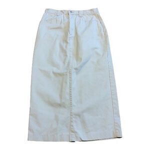 Women's Lee Casuals Denim Maxi Skirt Pockets Beige Tan Size 10 M Button Zip VTG